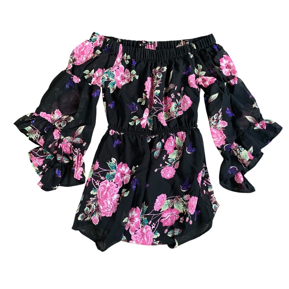 Floral Strapless Dress - Black and Pink